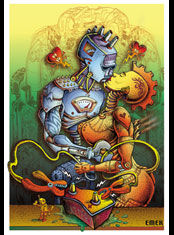 emek studios old school bicycle design with robot tin man rides in white design on color tee