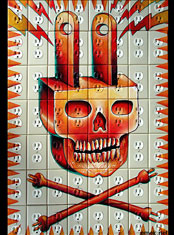 emek: Skull Plugs, enamel paint on Actual Wall Outlets, framed