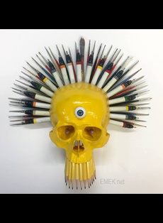 Emek Studios: ars est sempiternum mixed media sculpture using emeks old drawing tools & mortality (yellow skull) 2017