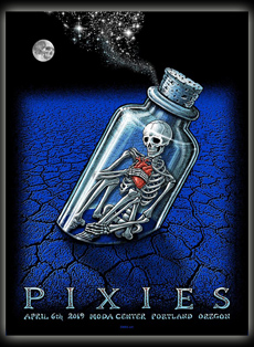 Emek Studios: Pixies play portland, or moda center gloss on glass parts of poster, skeleton holds heart