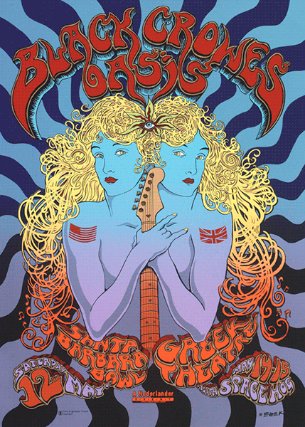EMEK- the black crowes, blonde twins wearing UK and USA flags arm tattoos flank guitar neck, 60's era throwback