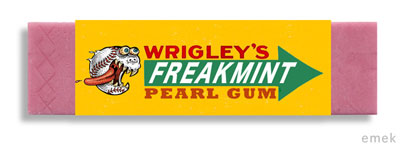 ltd. ed. pearl gum stick of bubblegum with each poster sold by emek label is yellow with illustrated baseball tongue hangs out, wears baseball cap, caption reads "freakmint"