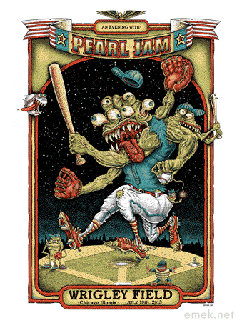 EMEK- Pearl Jam at wrigley field 2013 chicago illinois image: playing card with green 7 eye monster with extra head and little green monsters all wear uniform on baseball field look on chicago skyline in background, night sky with stars and american flag banner: came with a stick of gum