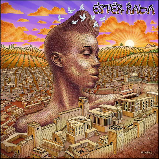 EMEKx: Cover art for Ester Rada release 2.20.14 IMAGE: Bricks build profile and shoulders of Ester Rada which rise above city of Israel in background, sunset, orange clouds, green trees, pasture and cream colored, simple buildings, peaceful, white doves fly over head